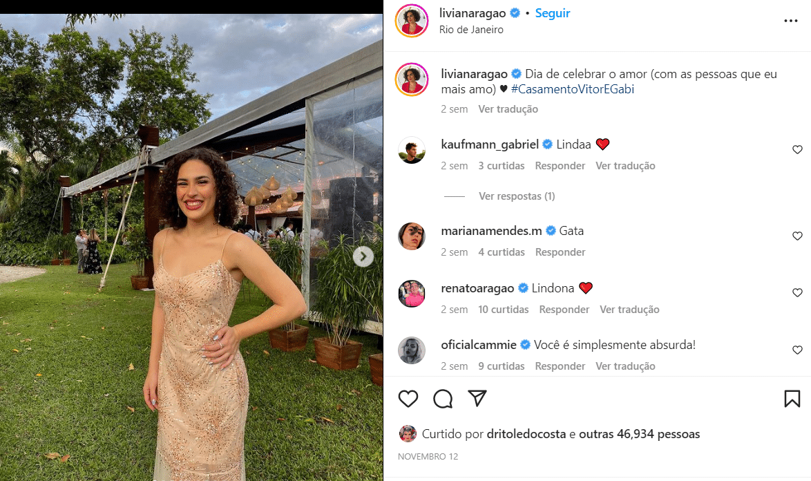 Lívian Aragão postou um look arrasador em um casamento dos seus amigos nas redes sociais (Foto Reprodução/Instagram)