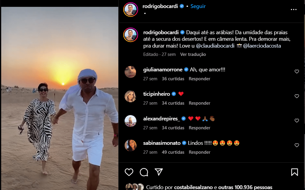 Postagem de Rodrigo Bocardi no Instagram aonde ele fez uma rara aparição com sua esposa (Foto Reprodução/Instagram)