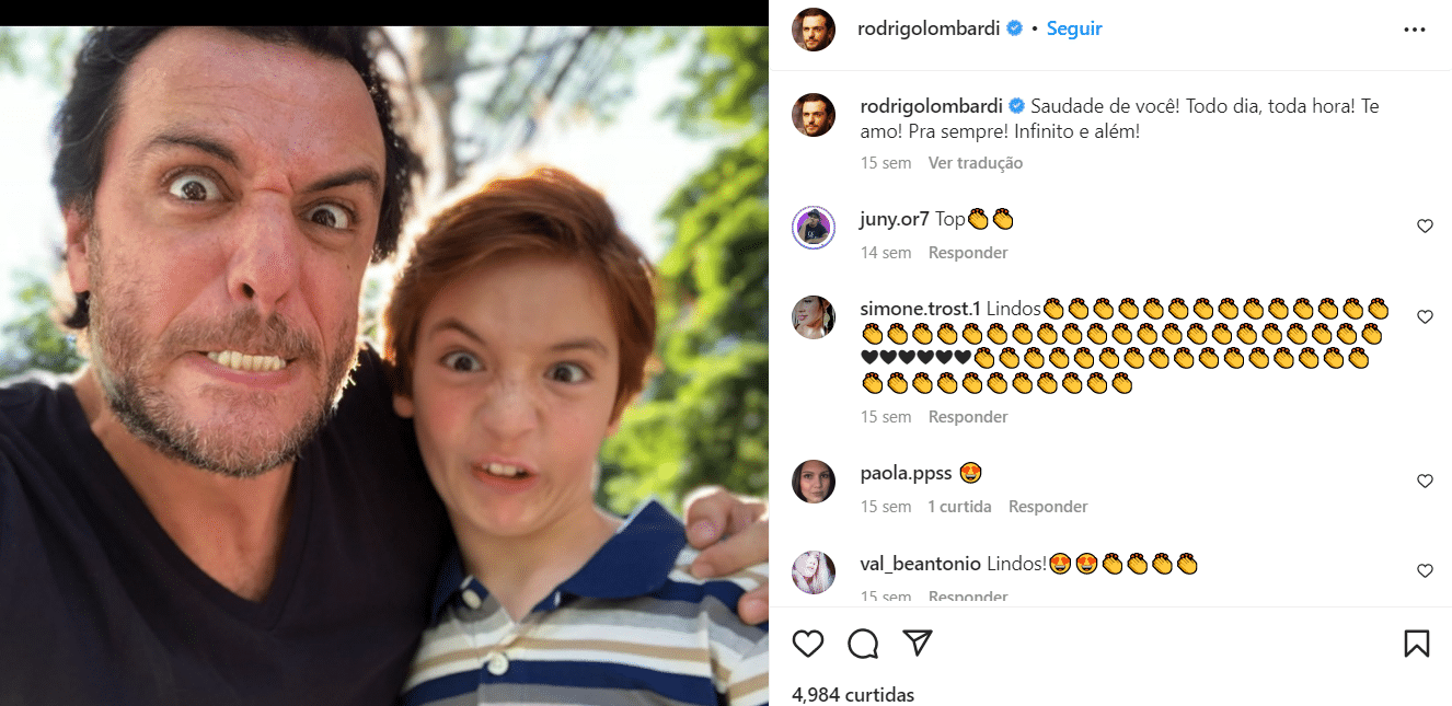 Rodrigo Lombardi compartilhou um clique raríssimo ao lado do seu filho Rafael Lombardi (Foto Reprodução/Internet)