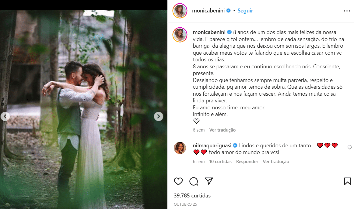 Monica Benini fez uma postagem em homenagem aos anos de casamento com Junior Lima (Foto Reprodução/Instagram)