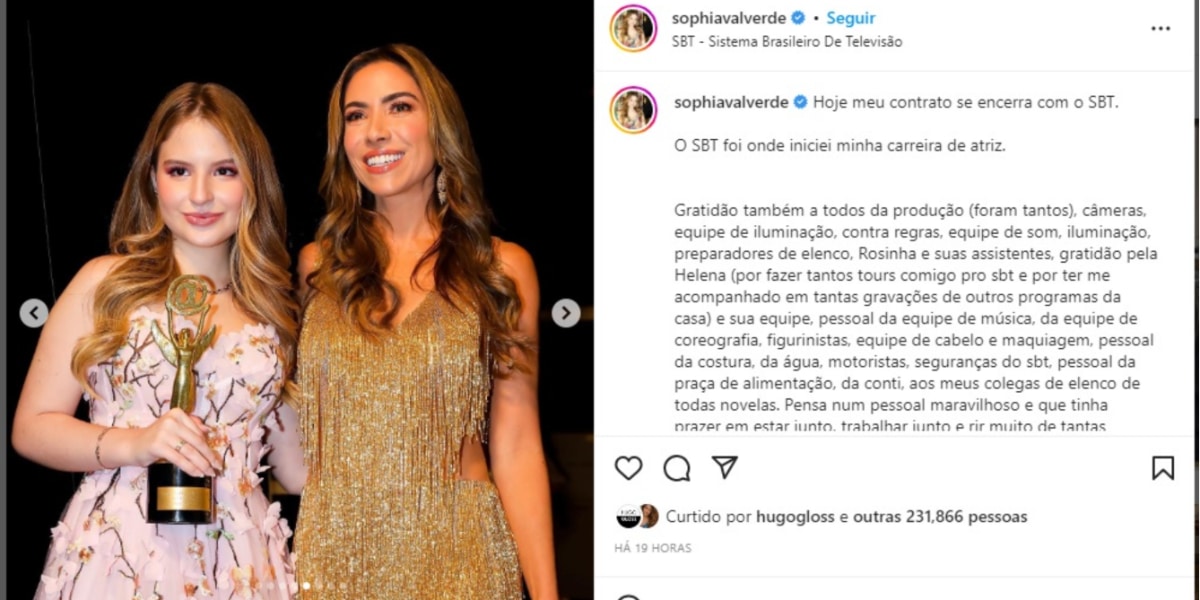 Sophia Valverde, protagonista de Poliana, desabafa após demissão do SBT (Imagem Reprodução Instagram)