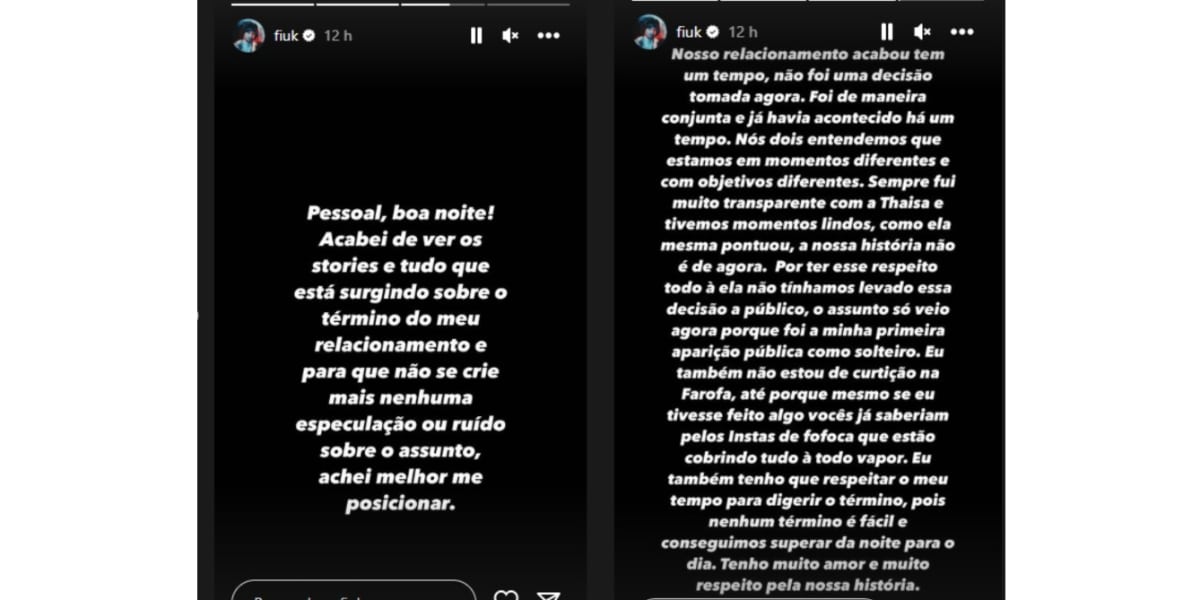 Fiuk se pronuncia após ex namorada chorar ao falar do término (Imagem Reprodução Instagram)