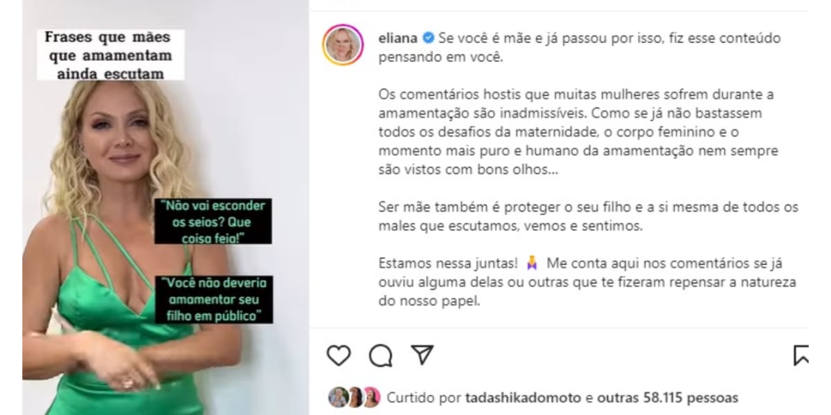 Eliana faz desabafo sobre violência sofrida por mulheres no período da maternidade (Imagem Reprodução Instagram)