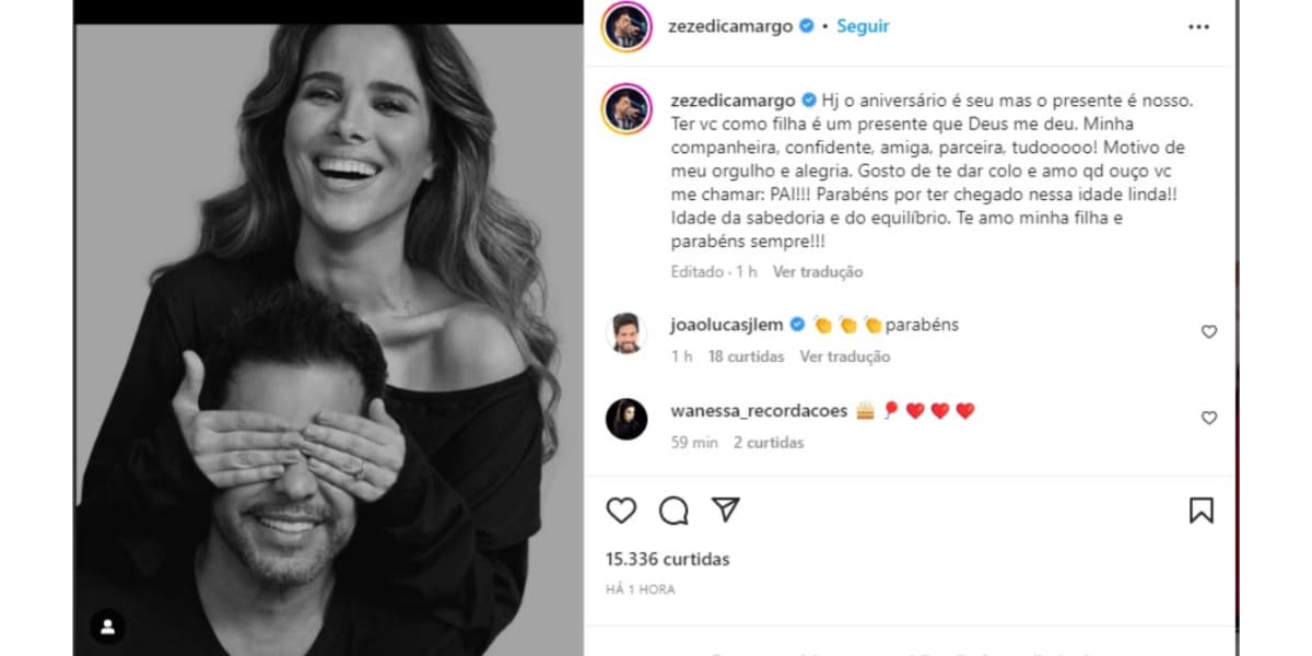 Zezé di Camargo se declara para Wanessa Camargo (Imagem Reprodução Instagram)