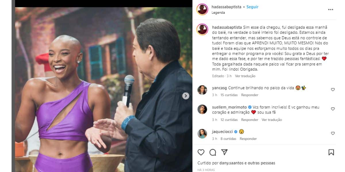 Demitida, bailarina do Faustão desabafa e expõe o que viveu na Band