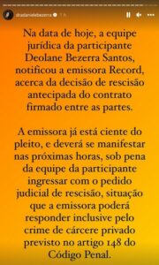 A Record TV foi notificada judicialmente para desclassificar Deolane de A Fazenda 14 (Foto: Reprodução / Instagram)