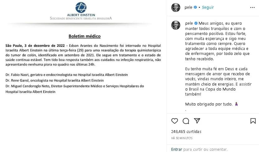 Equipe médica atualiza estado de saúde do ex-jogador Pelé (Foto: Reprodução) 