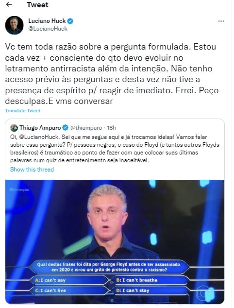 Luciano Huck reconhece erro no Domingão e pede desculpa por não ter reação imediata (Imagem Reprodução Twitter)