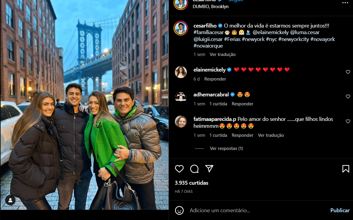 Postagem de César Filho com sua família curtindo as férias (Foto Reprodução/Instagram)