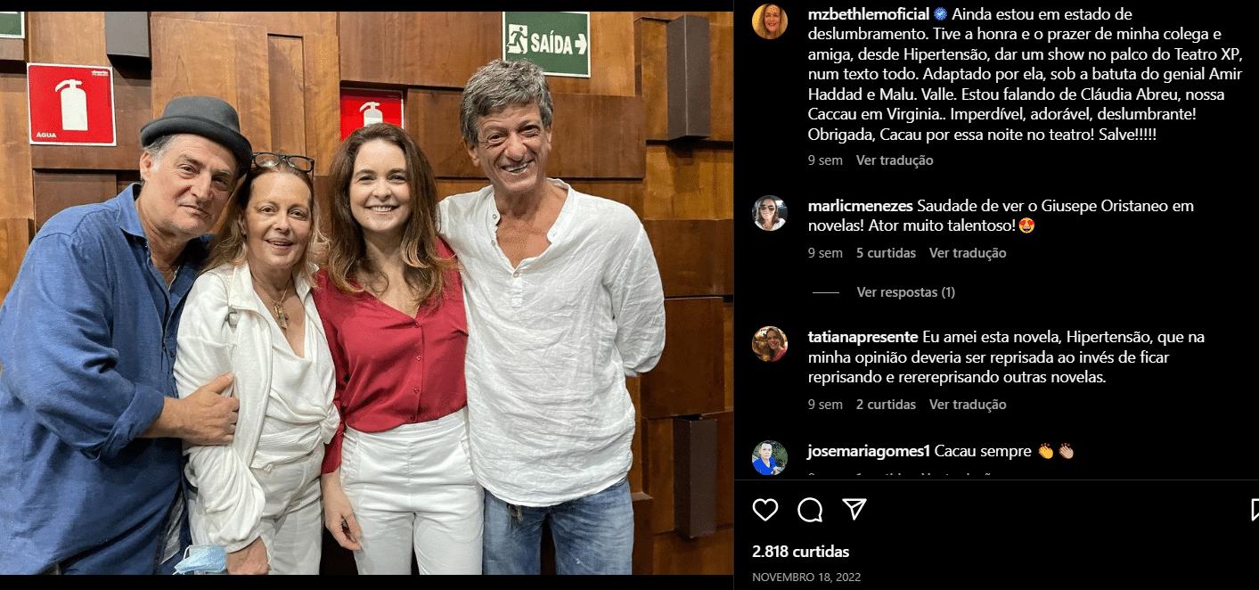 Publicação de Maria Zilda na peça teatral prestigiando Claudia Abreu (Foto Reprodução/Instagram)