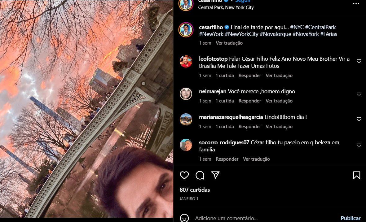 Postagem de César Filho mostrando a paisagem do lugar em que ele se encontra durante viagem de férias (Foto Reprodução/Instagram)