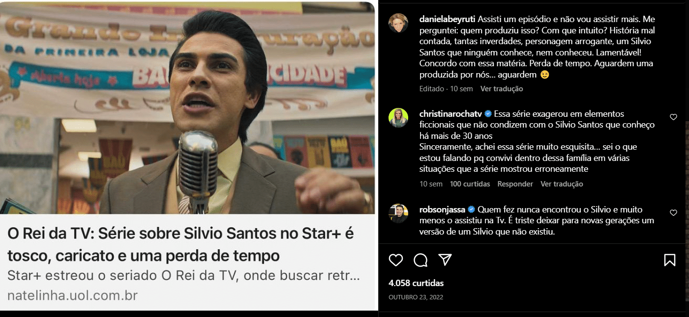 Daniela Beyrut critica a série "O Rei da Tv" pelas redes sociais (Foto Reprodução/Instagram)