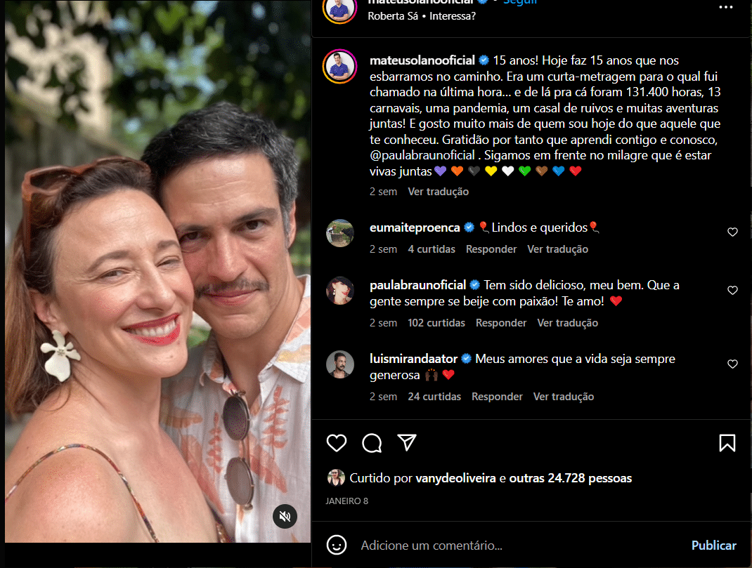 Publicação de Mateus Solano para a amada Paula Braun (Foto Reprodução/Instagram)