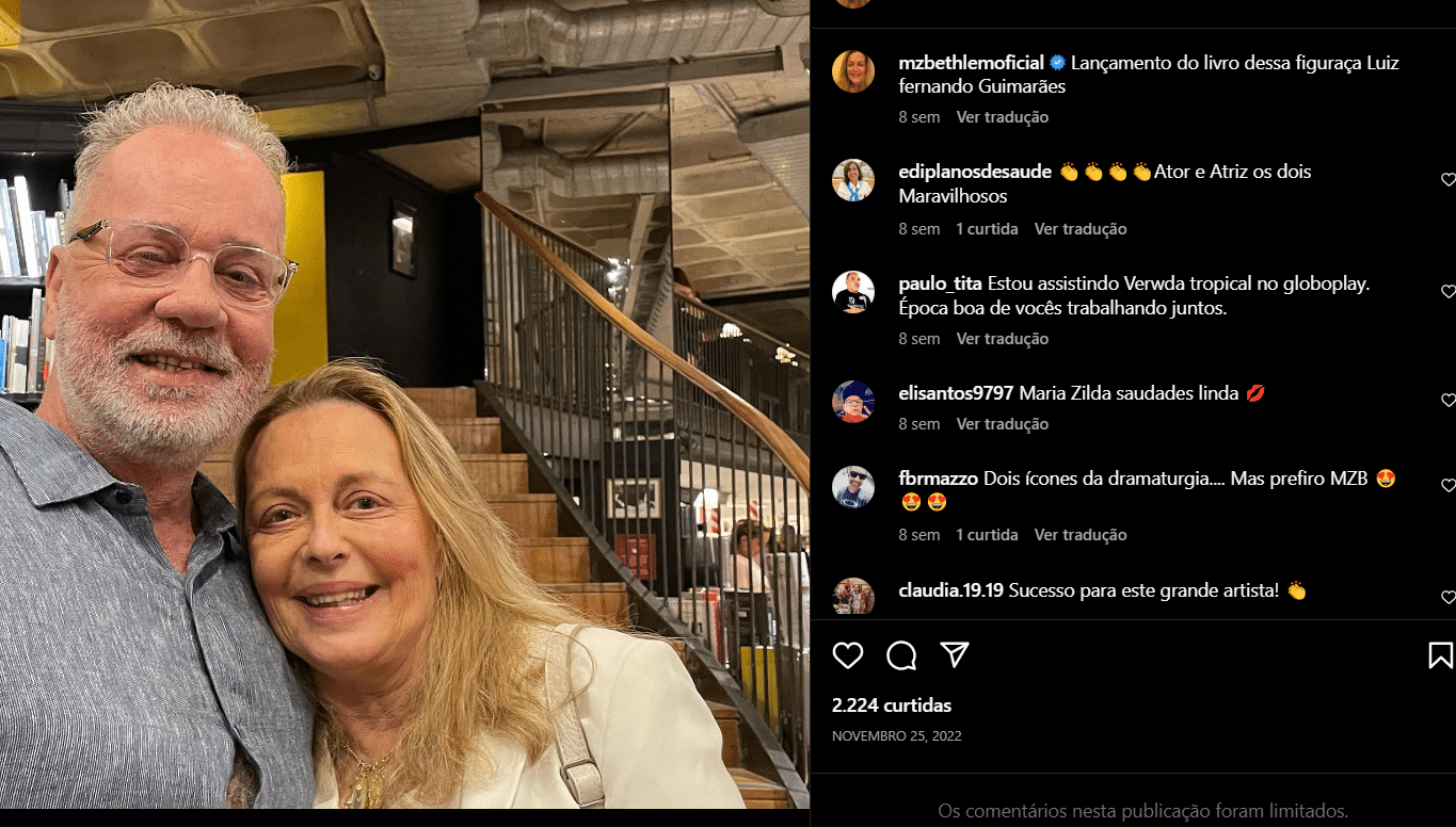 Publicação de Maria Zilda aonde ela surgiu no lançamento do livro de Luís Fernando Guimarães (Foto Reprodução/Instagram)