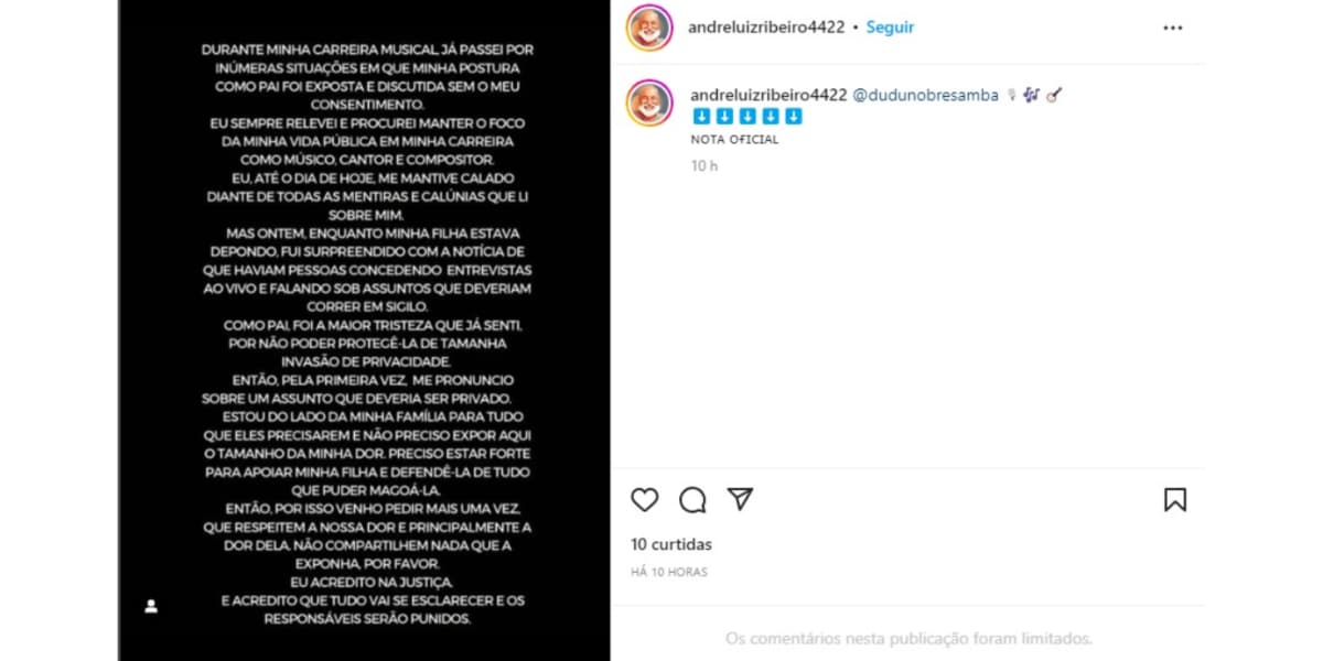 Dudo nobre faz desabafo após denúncia de abuso sofrido pela filha vazarem (Imagem Reprodução Instagram)