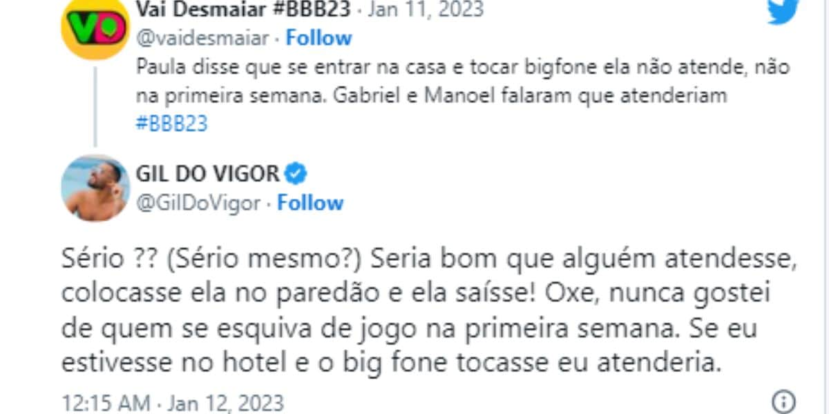 BBB23: Indignado, Gil do Vigor detona atitude 'imperdoável' de Paula Freitas: "Imitar"