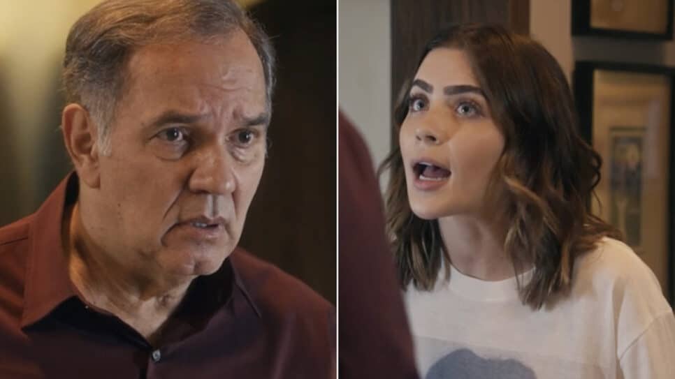 Guerra (Humberto Martins) e Chiara (Jade Picon) em Travessia da rede Globo