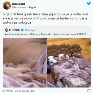 BBB23 - Bruna troca carícias com Gabriel e brother faz promessa caso volte do paredão (Foto: Reprodução / Twitter)