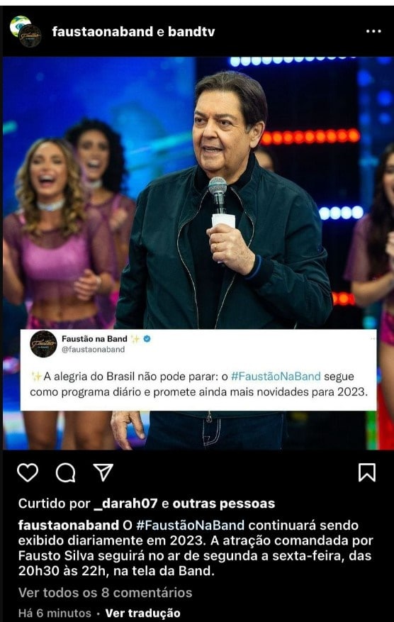 Anuncio feito no Twitter virou noticia no Instagram e anunciou permanência do Faustão na Band na grade da emissora