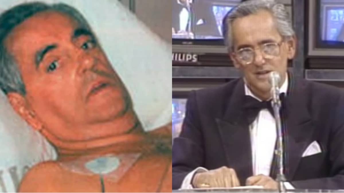 Flávio Cavalcanti em foto memorável no hospital, internado após o infarto; e ao lado, apresentando seu programa no SBT