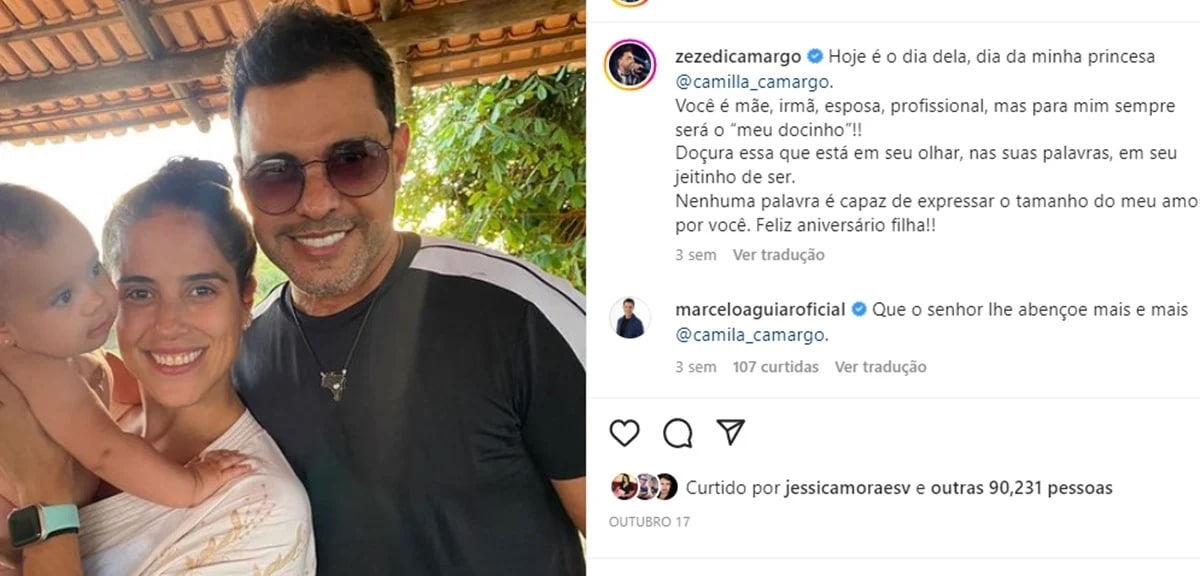 Zezé Di Camargo faz declaração de amor à filha e posta foto com ela e o neto (Foto: Reprodução/ Instagram)