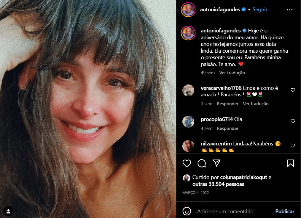 Publicação do Antônio Fagundes em homenagem a sua esposa (Foto Reprodução/Instagram)