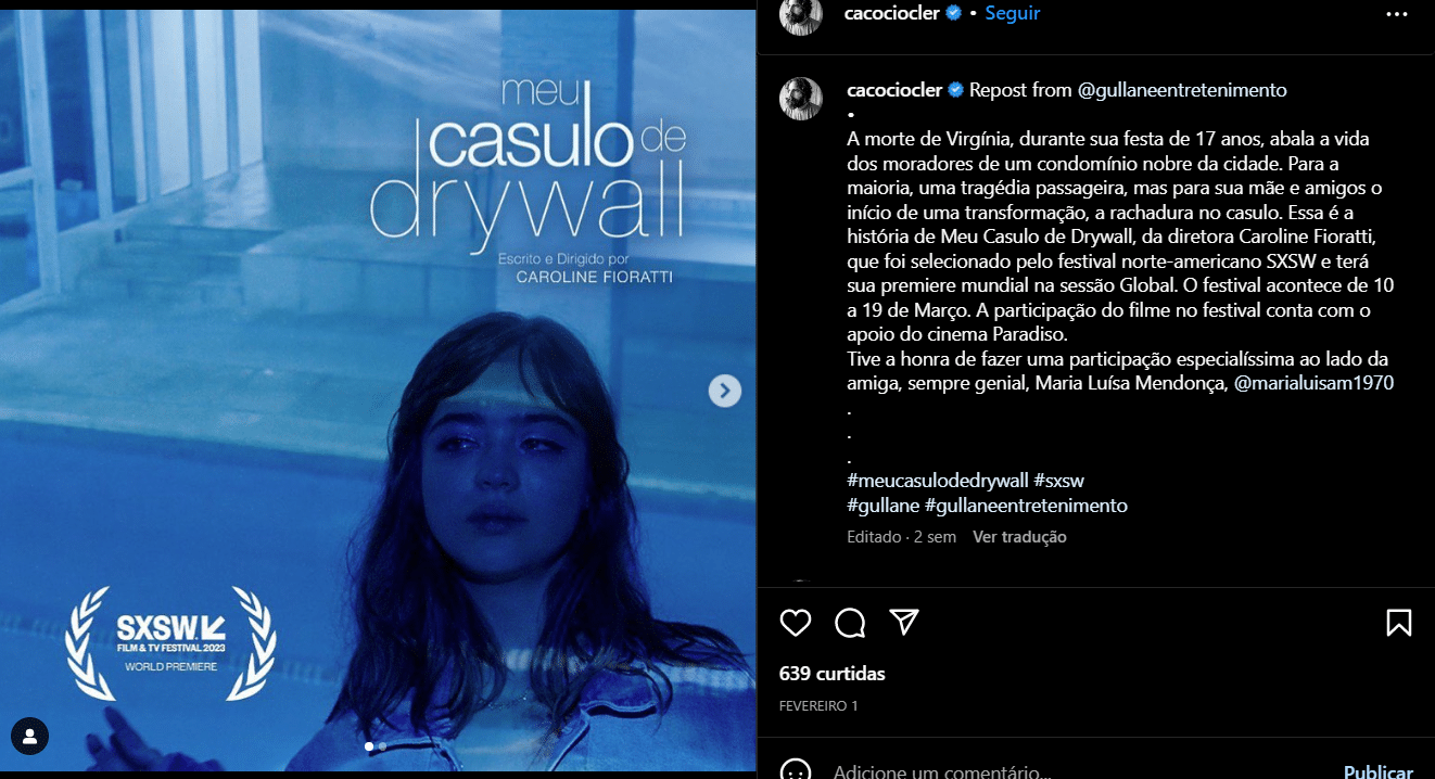 Publicação de CaCo Ciocler divulgando um dos seus trabalhos no cinema (Foto Reprodução/Instagram)