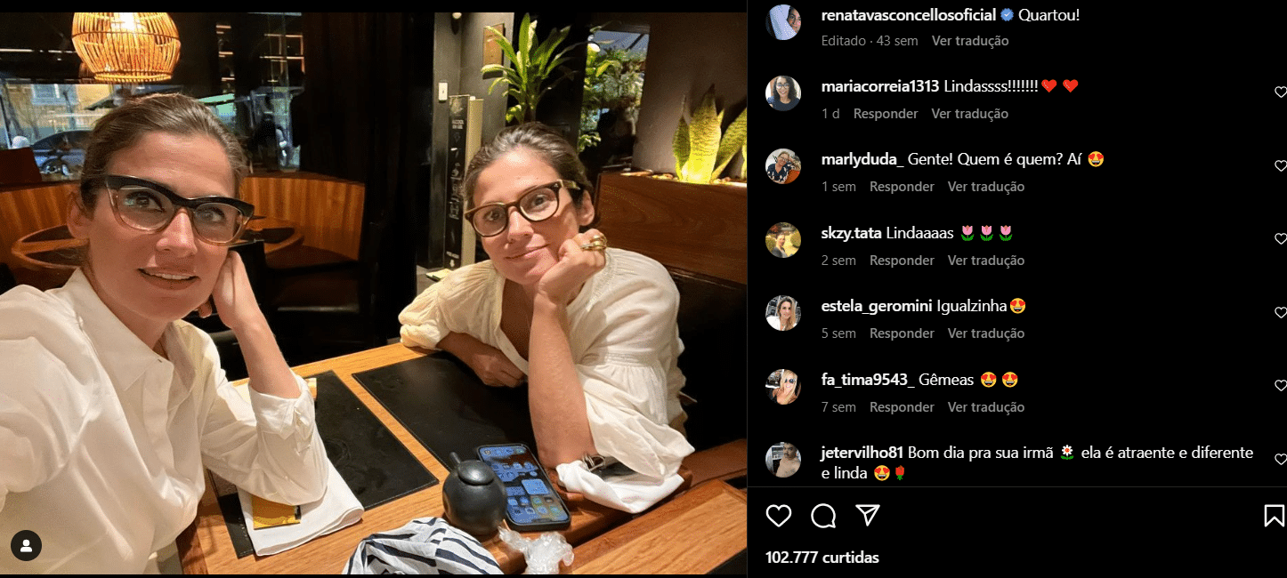 Publicação de Renata Vasconcellos em um dos poucos e raros cliques ao lado da irmã gêmea (Foto Reprodução/Instagram)