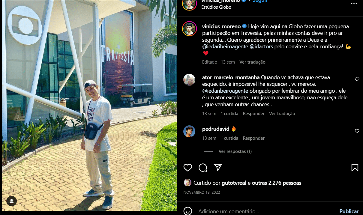 Vinicius Moreno fez uma pequena participação em "Travessia" (Foto Reprodução/Instagram)