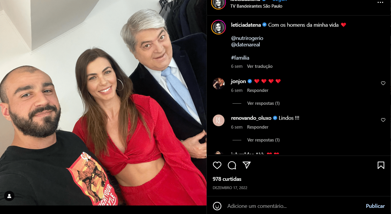 Publicação de Letícia Datena ao lado do seu marido e seu pai Datena (Foto Reprodução/Instagram)