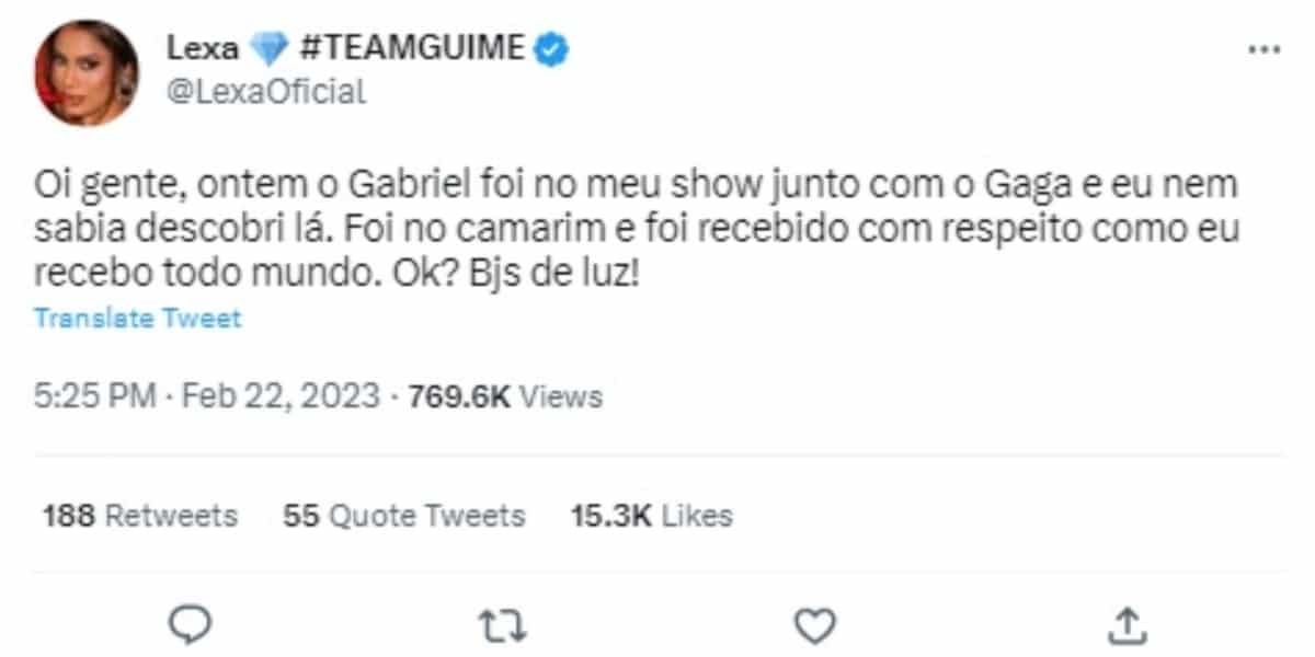 Lexa rebate críticas após receber ex BBB em camarim (Imagem Reprodução Twitter)