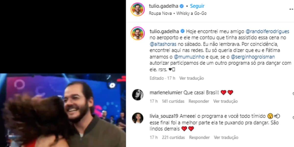 Túlio Gadêlha desabafa após cena de Fátima Bernardes com Mumuzinho chocar a web