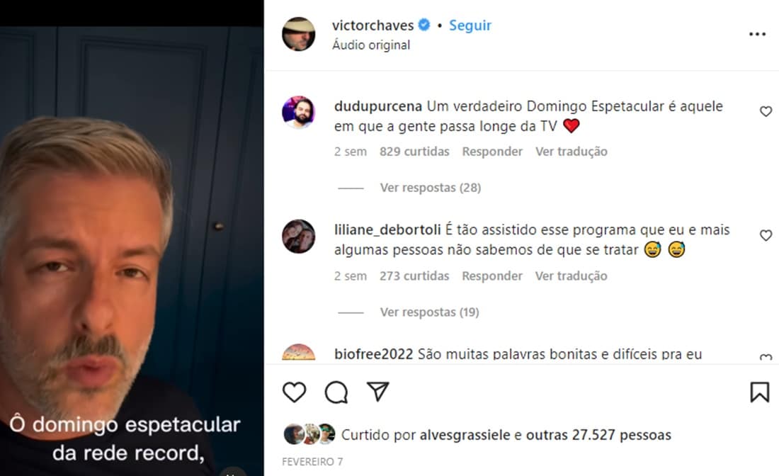 Victor Chaves usou suas redes sociais e fez vídeo em recado que esculacha reportagem da Record