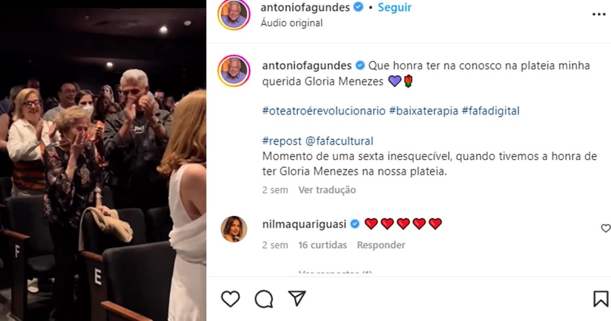 Astro entregou vídeo de Glória Menezes emocionada com homenagem no teatro 