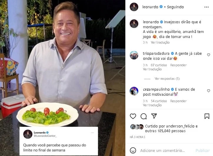 Leonardo em sua publicação com prato de salada, arrependido do final de semana, mas visando a cervejinha do amanhã