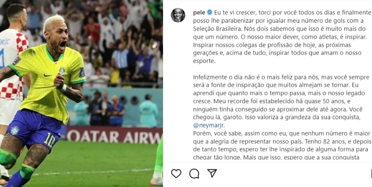 Rei do futebol deixou carta aberta em textão ao craque Neymar Jr. após eliminação da Seleção da Copa do Mundo