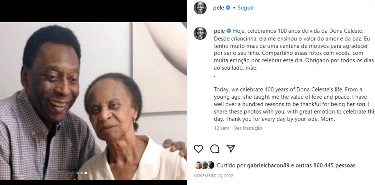 Pelé fez declaração no aniverário de 100 anos de sua mãe, dona Celeste