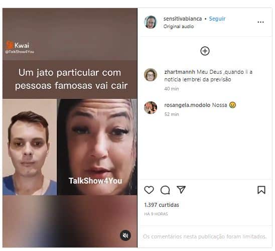 Sensitiva conhecida em todo o Brasil causa na internet ao prever morte trágica de famosos em acidente de avião - Foto Reprodução Instagram