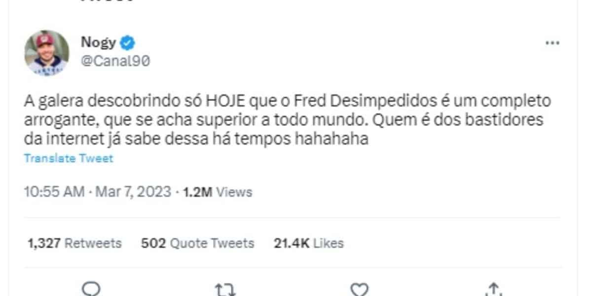 Youtuber Nogy, detona Fred Desimpedidos nas redes sociais (Imagem Reprodução Twitter)