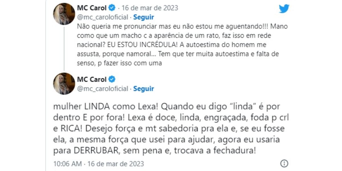 Amiga de Lexa, Mc Karol detona Mc Guimê após festa no BBB23 (Imagem Reprodução Twitter)