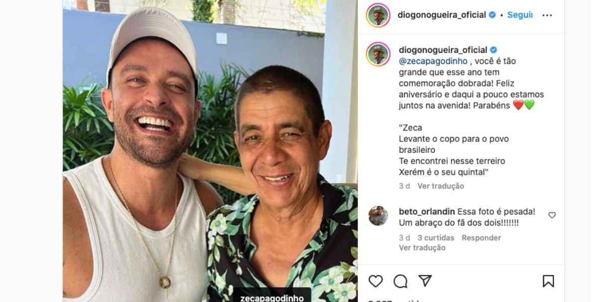 Publicação de Diogo Nogueira com Zeca Pagodinho (Imagem: Reprodução)