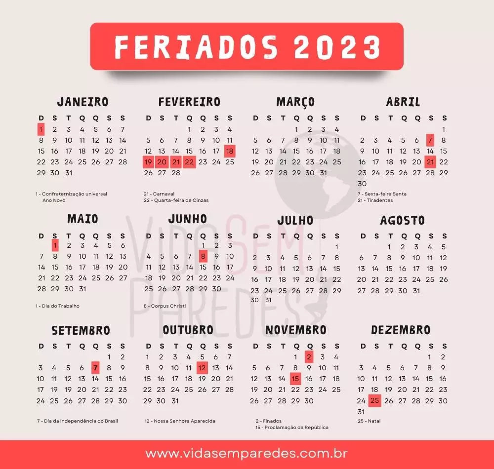 Confira o calendário de feriados de 2023 (Foto: Vidasemparedes)