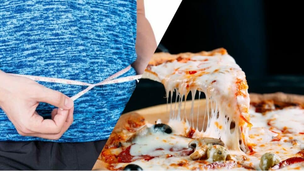 Rapaz de dieta medindo a cintura e a famosa pizza de queijo