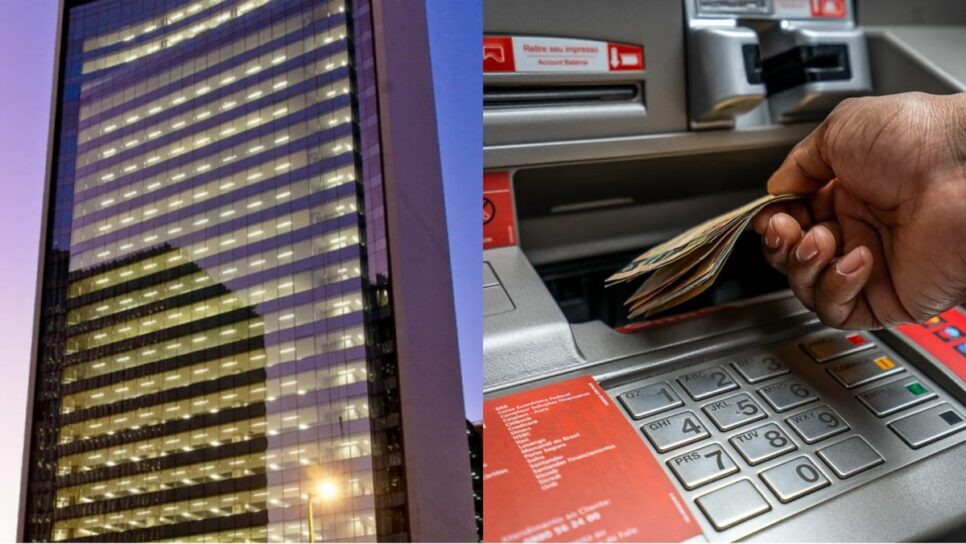 Fachada da sede do Banco e pessoa sacando dinheiro no caixa eletrônico
