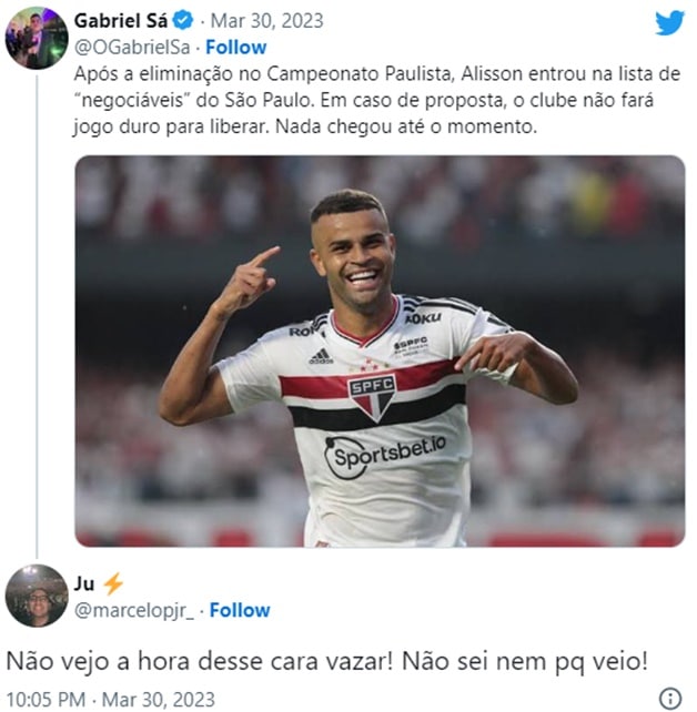 Gabriel Sá trouxe a informação nas redes sociais e torcedor do SPFC comemora decisão 