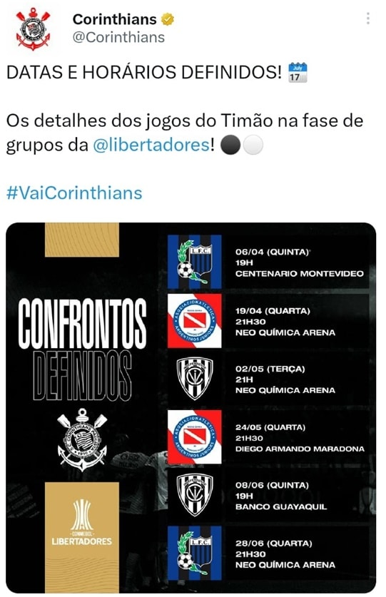 Nas redes sociais, Corinthians divulga dias e horários das partidas sorteadas do Grupo E na Libertadores