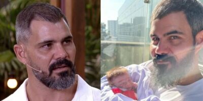 Juliano Cazarré em participação no É de Casa e com a filha no hospital (Foto: Reprodução / Globo / Instagram)