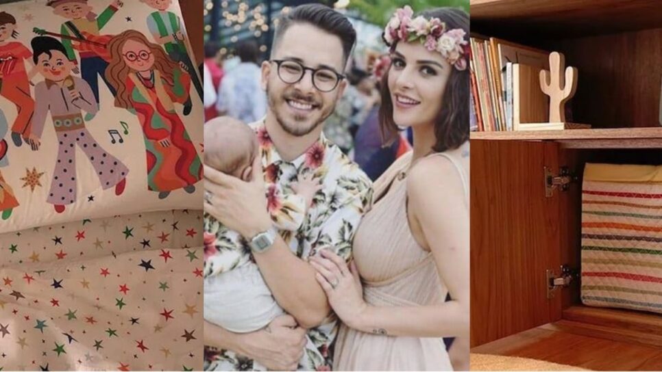 Junior Lima e Monica Benini com Otto no colo e imagens do quarto das crianças