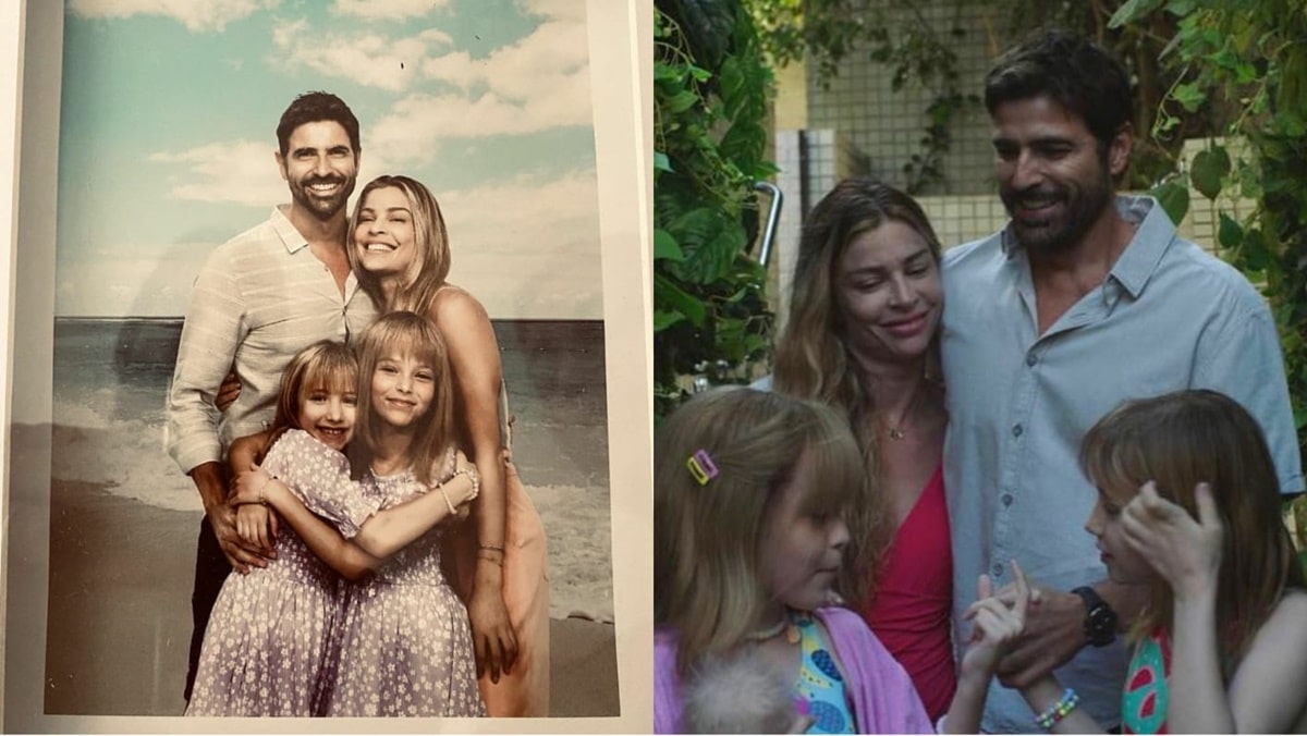 Foto do porta retrato que irá aparecer no filme 'Uma Família Feliz', e ao lado, o elenco mirim com os atores famosos nos bastidores 