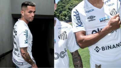 Carabajal indo para o vestiário do Santos e jogadores à esquerda (Fotos: Reprodução/ Ivan Storti/ Santos FC/ Montagem)